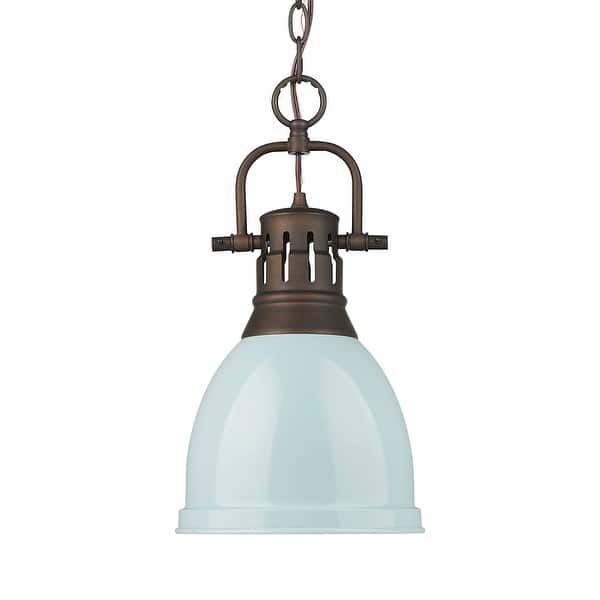 slide 2 of 2, Yep by Golden Lighting Duncan 1-light 9in Chain Hung Pendant in Rubbed Bronze and Seafoam shade
