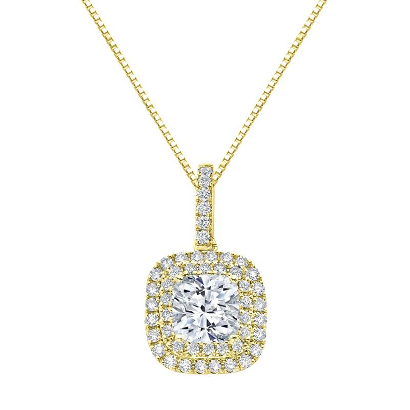 Auriya 14k Gold 3 1/10ct TDW Certified Cushion Cut Double Halo Diamond Necklace (SI1-SI2) - Yellow