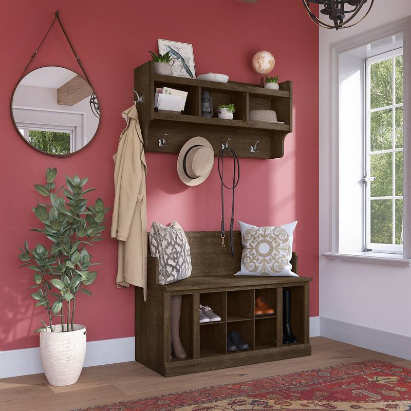 Woodland 40W Entryway Bench and Wall Mounted Shelf by Bush Furniture - Ash Brown