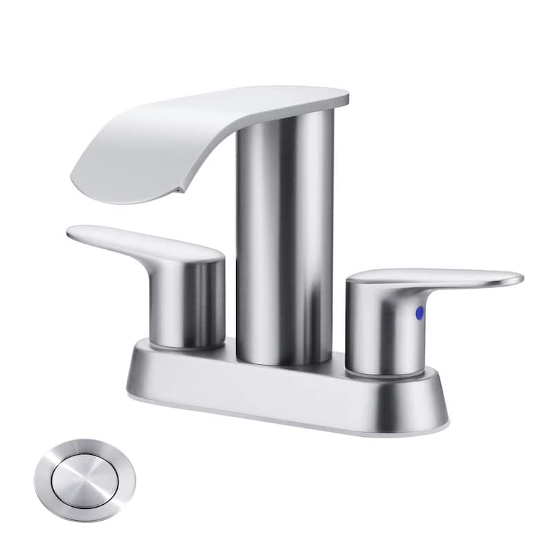 WOWOW 4 in. Centerset Double Handle Waterfall Bathroom Sink Faucet - Brushed Nickel