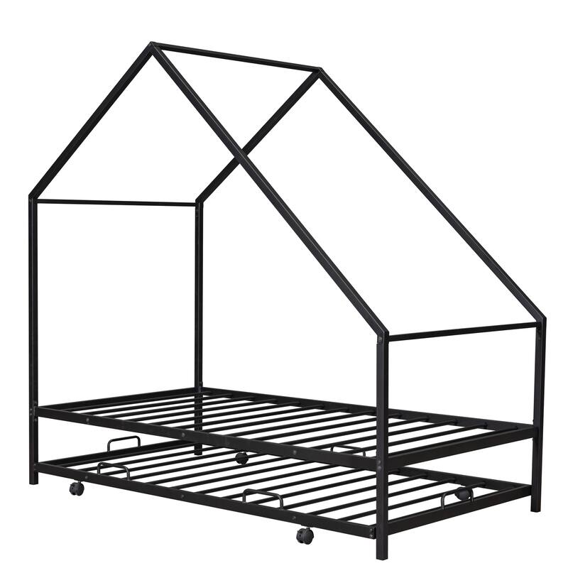 Kids Twin House Bed with Pull-Out Trundle, Metal Frame, Easy Assembly