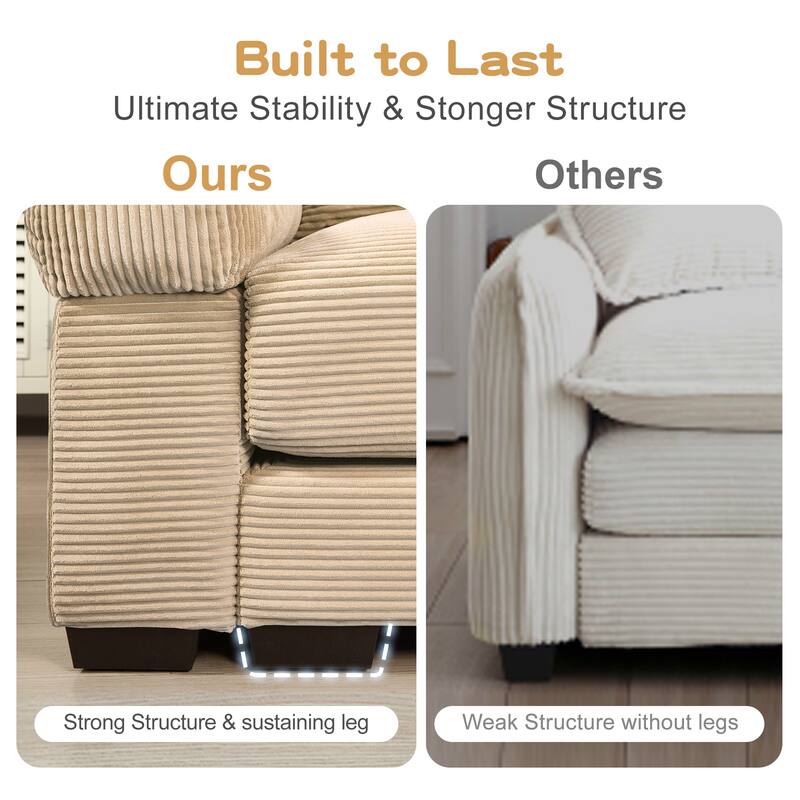 Sectional Couch with 2 Movable Ottomans, 92" Corduroy Couches for Living Room, Upholstered Sofa Couch with Deep Seat for Bedroom