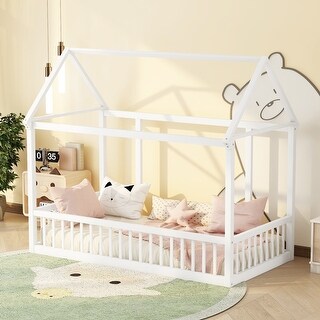 Twin Floor Bed with Roof Frame and Guardrails