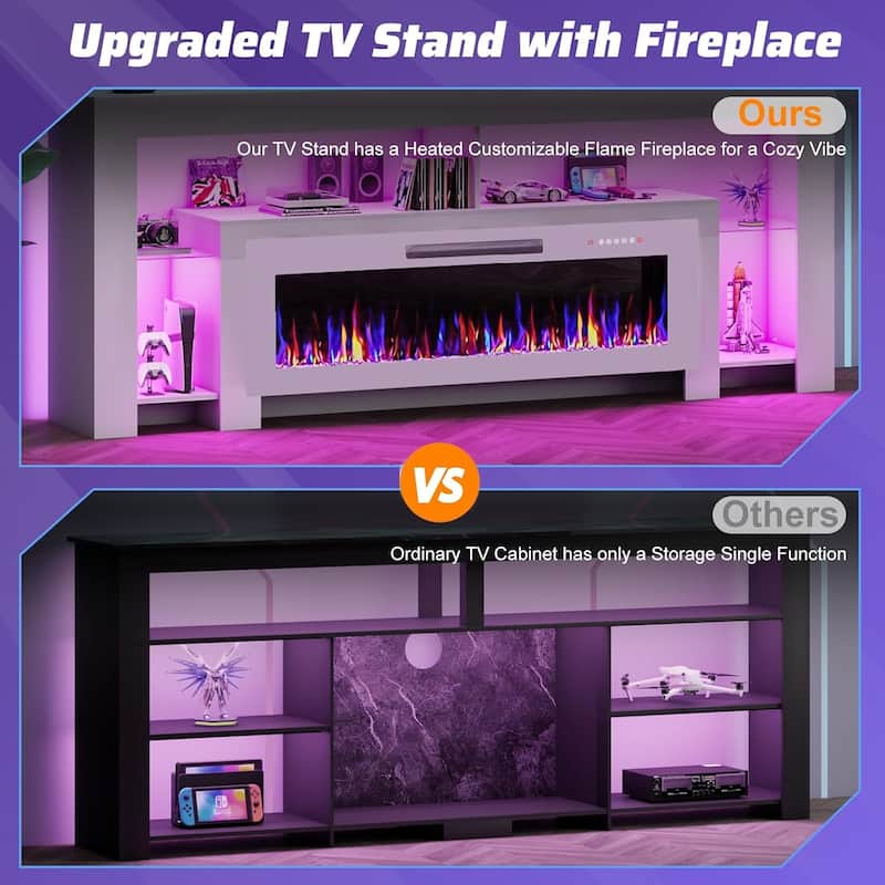 BOSSIN 82" Fireplace TV Stand with 50" Fireplace, Entertainment Center for TVs Up to 90", Console Cabinet With LED Light