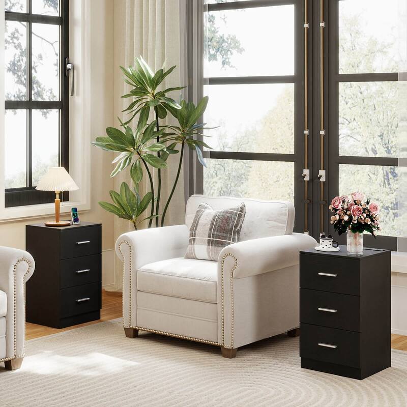 Costway 1/2 PCS Nightstand with Charging Station, 3 Storage Drawers