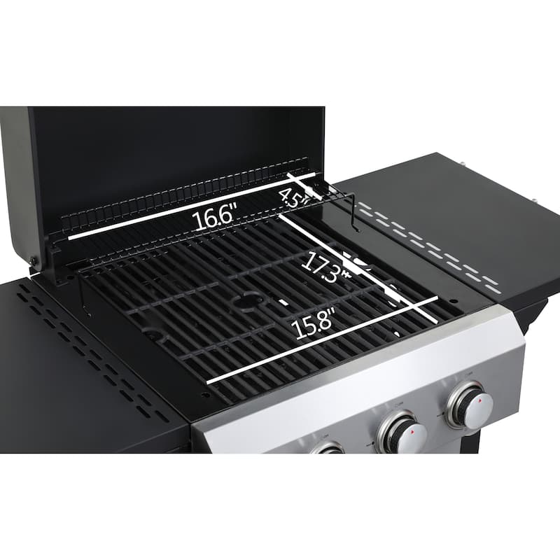 3 Burner BBQ Propane Gas Grill, Stainless Steel 36900 BTU Patio Garden Barbecue Grill with Two Foldable Shelves