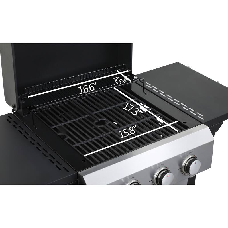 3 Burner Propane Gas Grill with Wire Enamel Cooking Grids Grid Foldable Side Table and Hanging Basket, for Outdoor Grilling