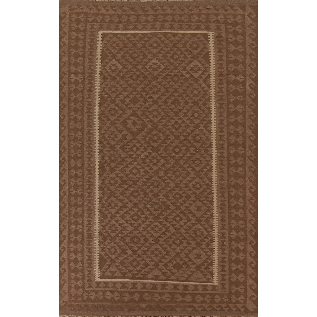 Hand Woven Oriental 100% Wool Carpet Southwestern Geometric Brown Kilim Area Rug - 9' 6'' X 6' 6''