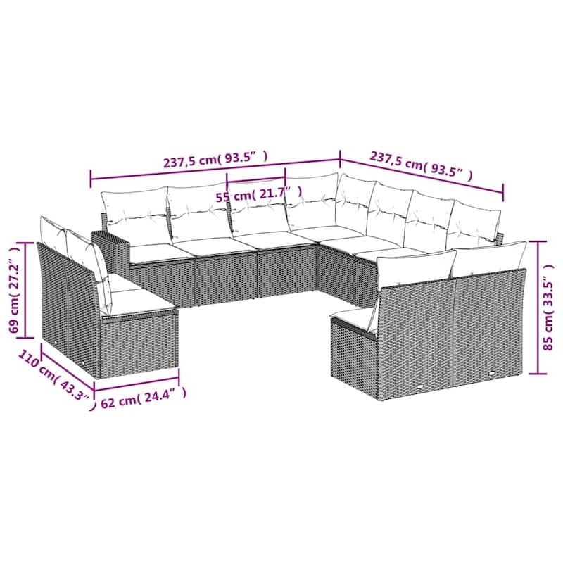 vidaXL Garden Sofa Set Grey PE rattan, powder-coated steel, fabric Large - 24.4 x 25.8 x 27.2