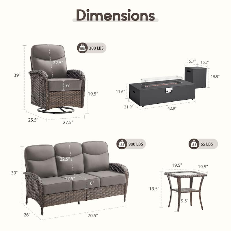 Meyreso 5-Piece Wicker Outdoor Patio Fire Pit Sofa Set with 6-Inch Thick Cushions