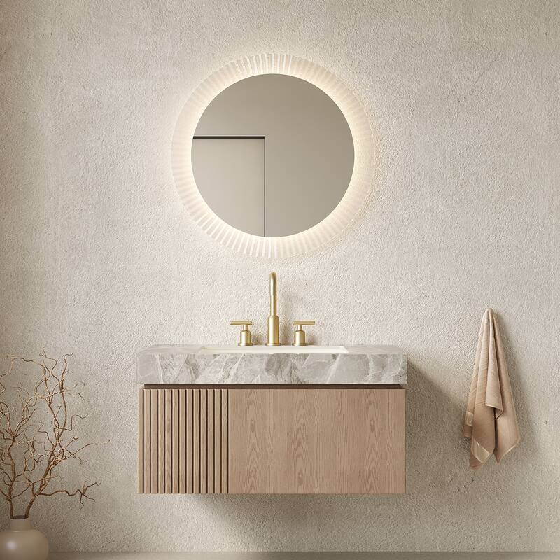 Floating Bathroom Vanity with Undermount Ceramic Basin with 3 Pre-drilled Faucet Holes - Light Brown and Light Gray - 35.83'' x 18.9'' x 17.72''