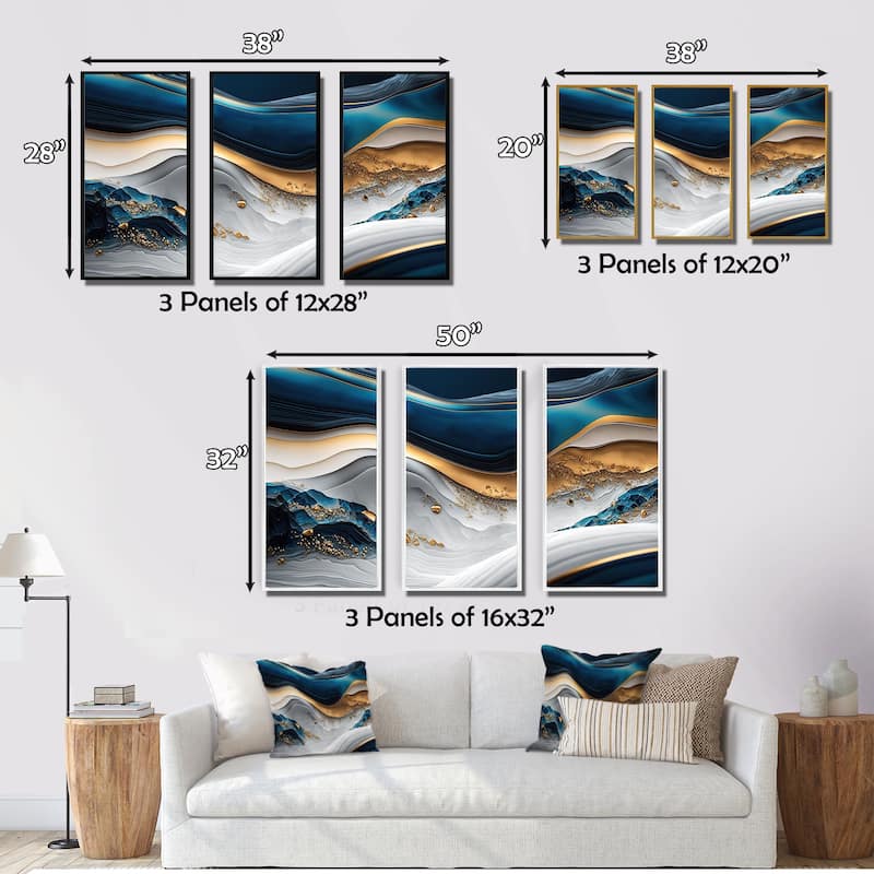 Designart "Abstract Geode Waves Blue II" Modern Waves Framed Canvas Art Print - 3 Panels