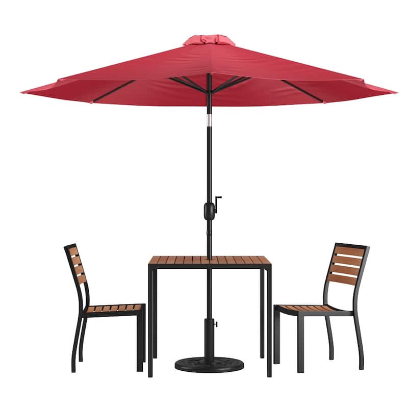 Faux Teak Patio Table, 2 Chairs & 9FT Patio Umbrella with Base