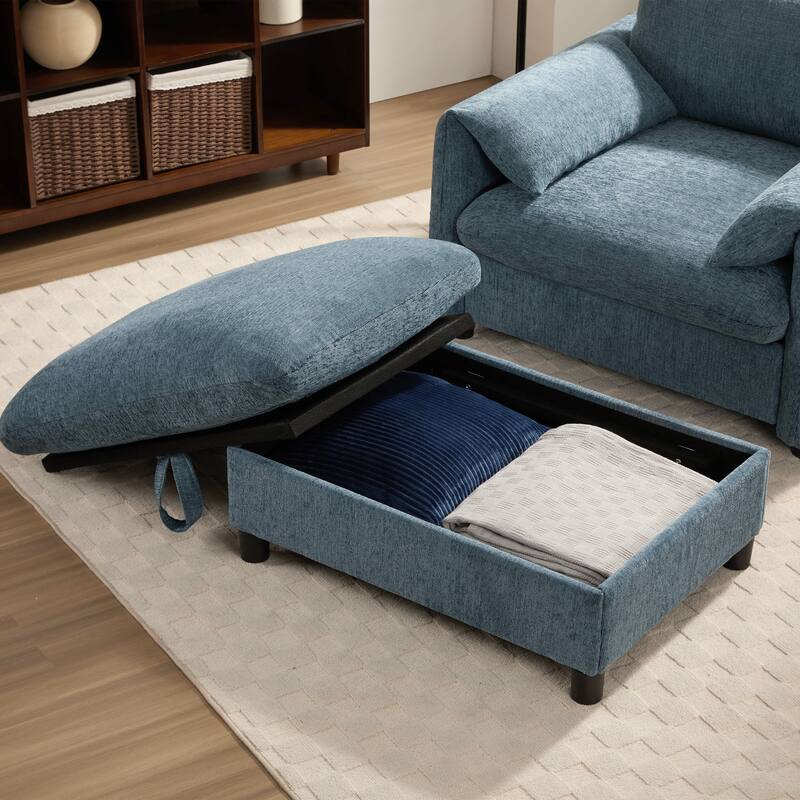 Single Sofa with Storage Ottoman, Lounge Chair with Phone Holder, USB Charger & Side Pockets, Comfy Chenille Reading Armchair