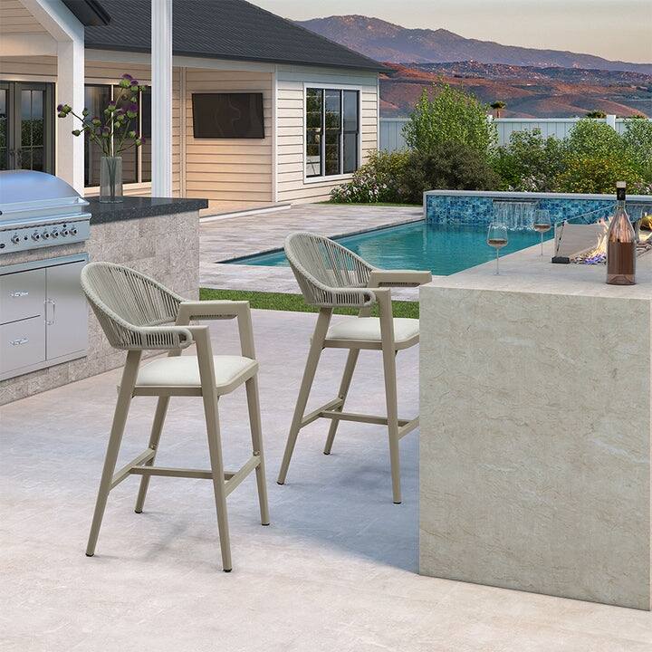 PURPLE LEAF Outdoor Bar Stools Chair Set of 2, All Weather Rattan and Aluminum Patio Bar Stool with Cushion - Champagne-Height stool