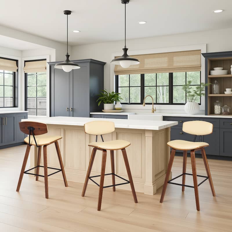 Fox Mid-Century Bar Stool, Upholstered Counter Height Chair with Bentwood Legs - Set of 3 - Cream & Walnut - Counter Height