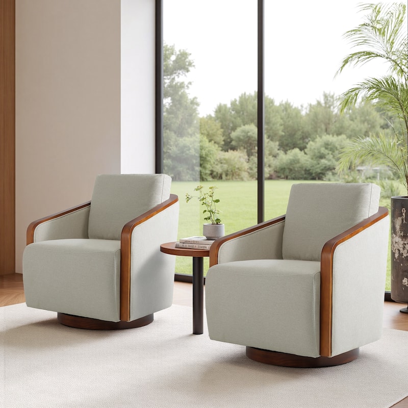 Set of 2 Modern Swivel Accent Barrel Chairs with Wood Arms