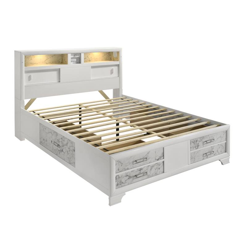 Soul Contemporary Queen/King Bed - White Finish, Marble Accents, Built-in Lighting, Storage Drawers, USB-C & Bluetooth Speakers