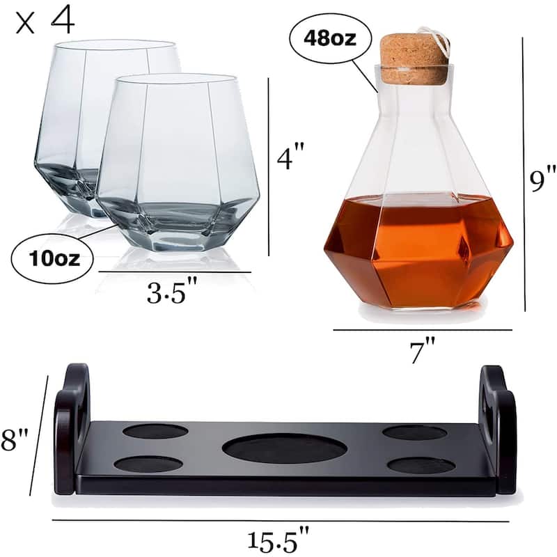 Diamond Decanter with Wood Tray - Set of 4