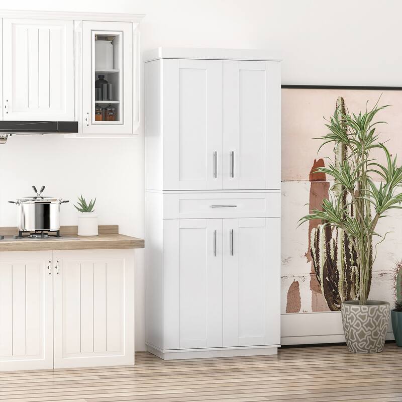 Space-Saving White Pantry Cabinet with Adjustable Shelves and Pull-Out Drawer for Home or Office - 30" W x 15.75" D x 72" H