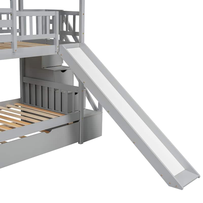GDFStudio - Twin over Twin House Bunk Bed with Trundle, Slide & Storage Staircase
