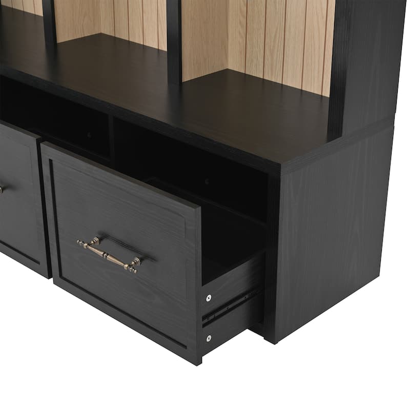 Hall Tree With Arched Design,Entryway Bench With 8 Retro Hooks,Rustic Coat Rack & Shoe Organizer With 3 Drawers
