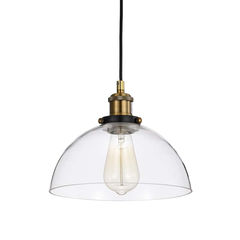 Black and Antique Brass 1-Light 10 Inch Bowl Glass Pendant Light for Kitchen and Island