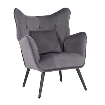 Ive 30 Inch Accent Chair, Wingback, Padded Gray Velvet Upholstery, Black