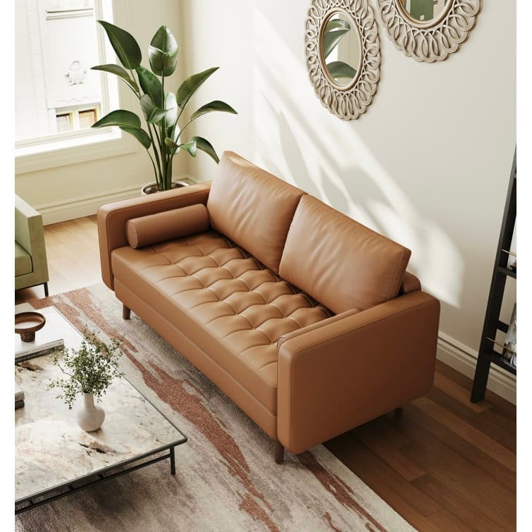 59" Mid-Century Square Arm Leather Loveseat - Brown