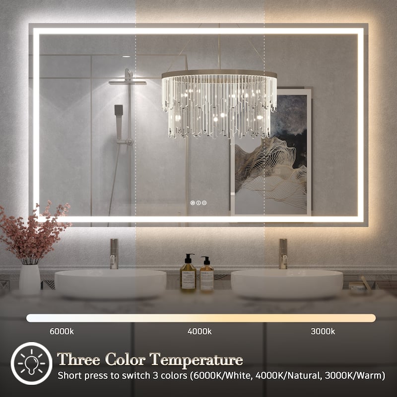 Large LED Bathroom Mirror with UL Listed, Front and Backlit, Anti-Fog, 3 Color Temperature, Dimmable