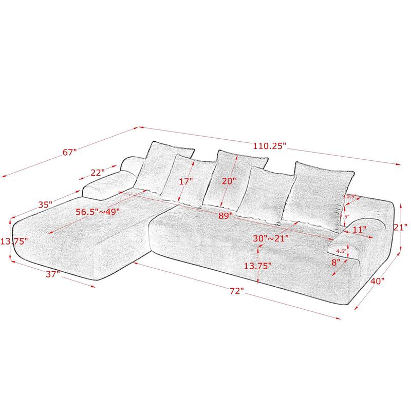 Modular L-Shaped Sectional Sofa with Chaise Lounge, Velvet Cloud Upholstered Floor Sofa, Compressed Sofa with Pillows聽