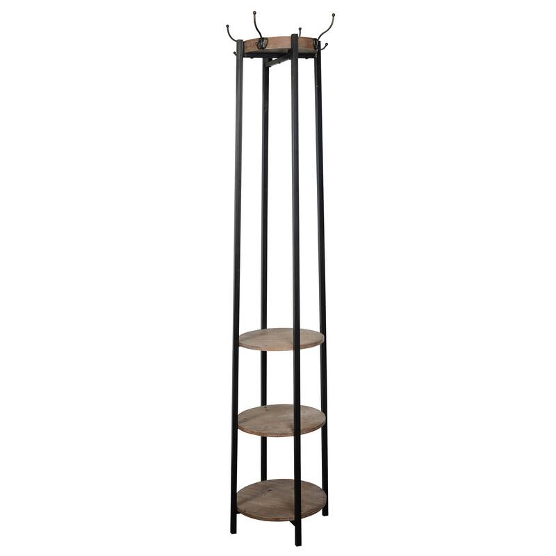 Four Hook Coat Rack with Three Shelves - Black, Brown Finish