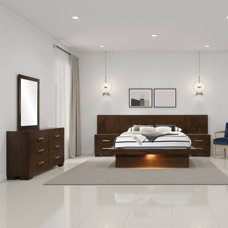 Bela 5 Piece Wall Panel Queen Bedroom Set, LED, Dark Brown
