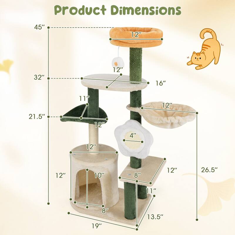 Green Beige 45 Inch Multi-Level Cat Tree with Hammock Condo and Scratching Posts