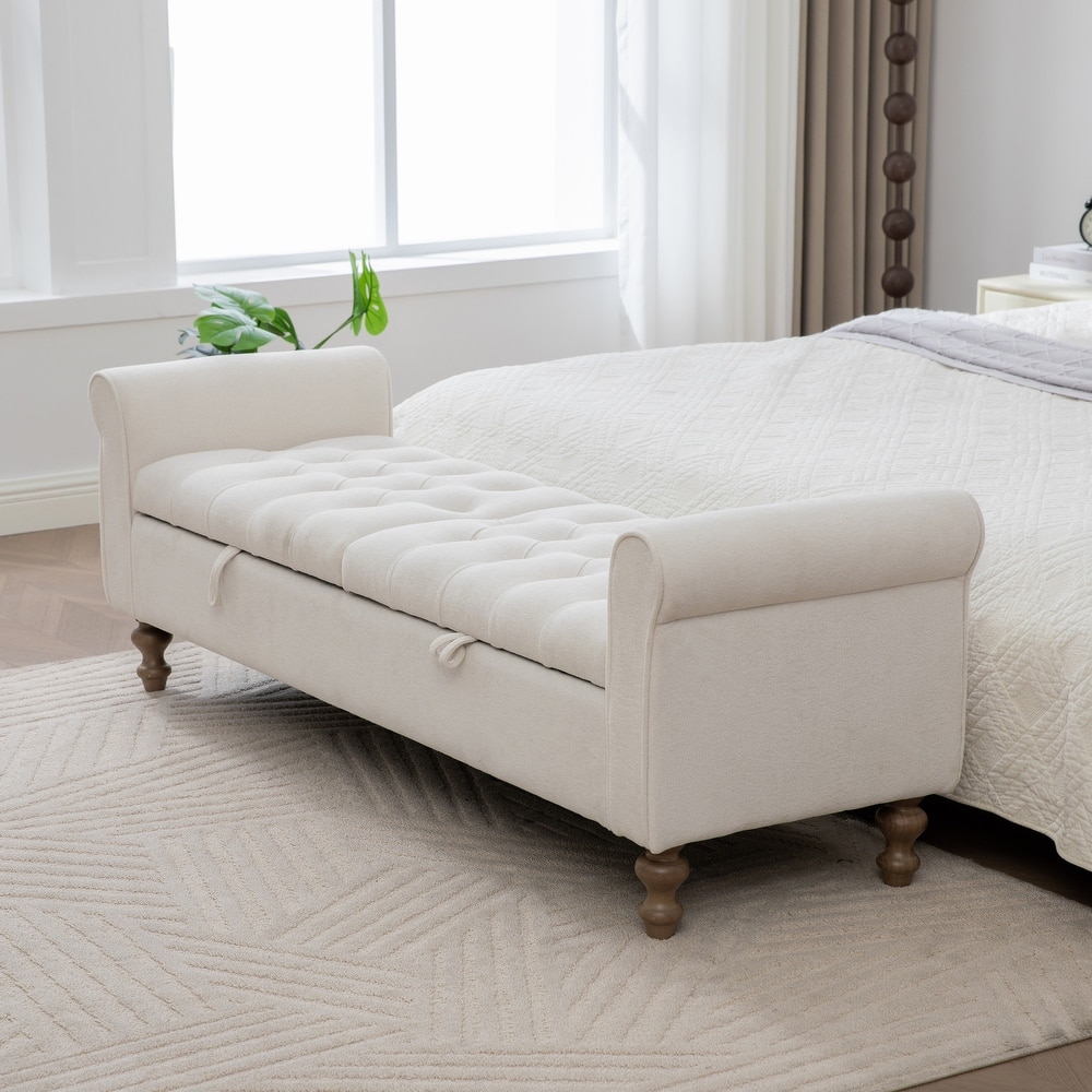 65.7"W Tufted Upholstered Storage Bench With Double Lids,Rubberwood Legs
