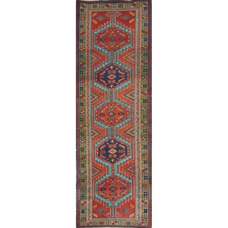 Hand Knotted Oriental 100% Wool Carpet Traditional Geometric Oranges & Rust Ardebil Runner Rug - 10' 6'' X 2' 11''