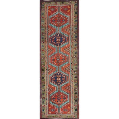 Hand Knotted Oriental 100% Wool Carpet Traditional Geometric Oranges & Rust Ardebil Runner Rug - 10' 6'' X 2' 11''