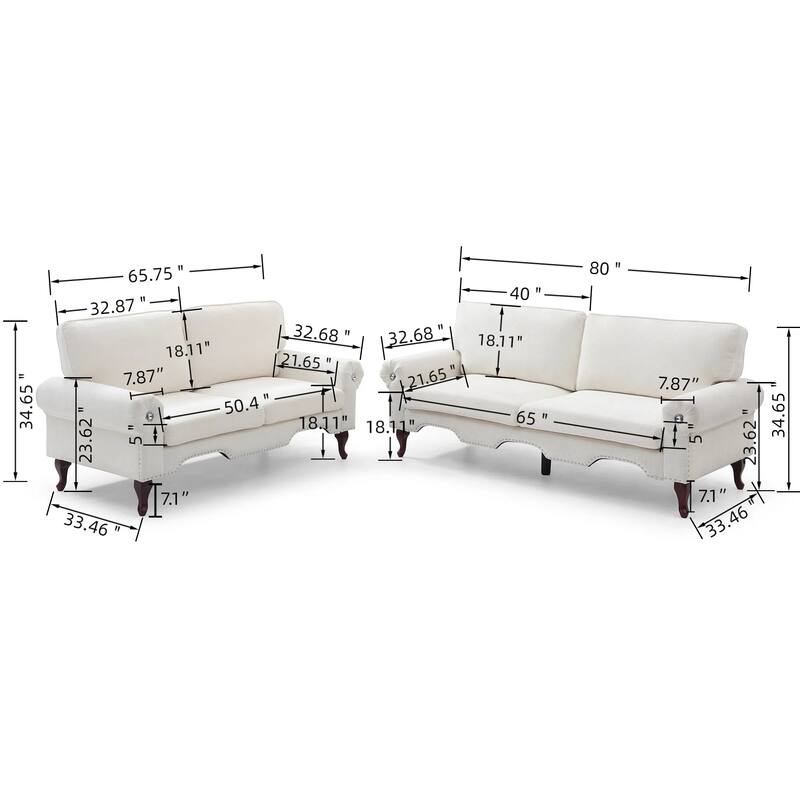 2 Piece Linen Upholstered Sofa Set Lounge Couch with Removable Cushions, Nailhead Trim, Rolled Arms and Crystal Button Accents