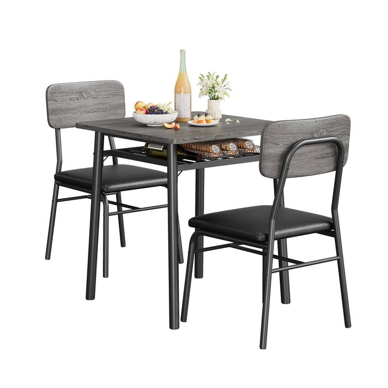 3-Piece Dining Table Set, Wood Table with Storage Rack & 2 Upholstered Chairs, Compact Design for Apartment - Gray