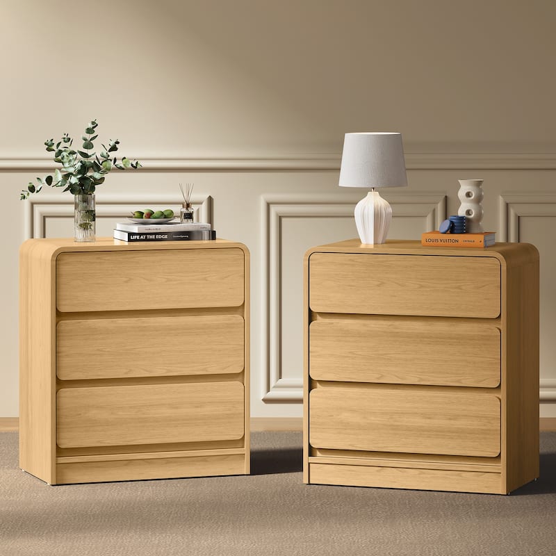 Modern Storage 3-Drawer Nightstand Set of 2 for Bedroom, Nursery, Living Room - Natural