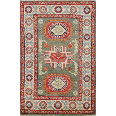 Green Geometric Kazak Oriental Foyer Rug Hand-Knotted Wool Carpet - 2'0" x 3'0"