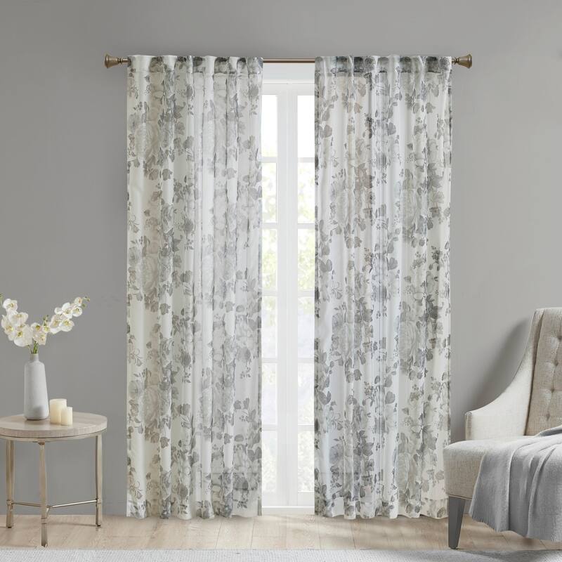 Madison Park Abelia Printed Floral Rod Pocket and Back Tab Voile Sheer Curtain