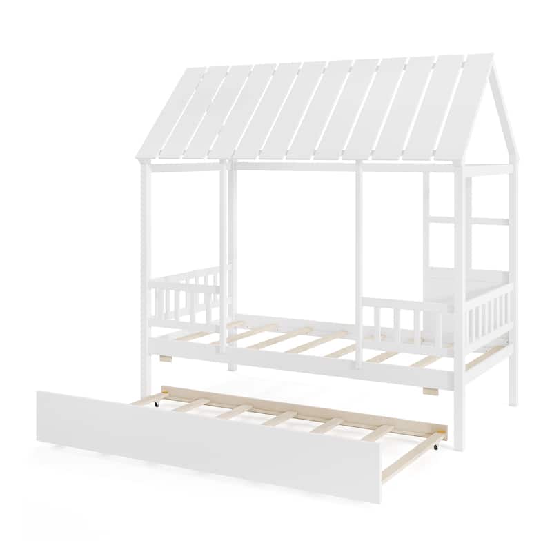 White Wooden Twin Platform House Bed Frame with Trundle and Guardrails for Kids Bedroom