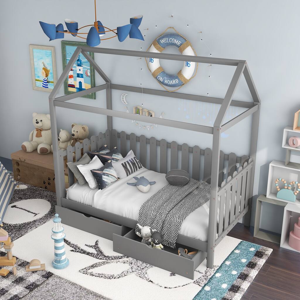 Twin Size House Bed with drawers, Fence-shaped Guardrail