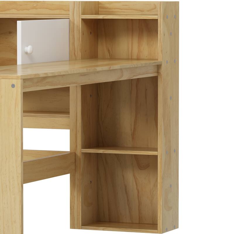L-Shape Daybed with Storage Cabinets, Drawers, Study Desk, and Built-in Bookshelf, Natural+White