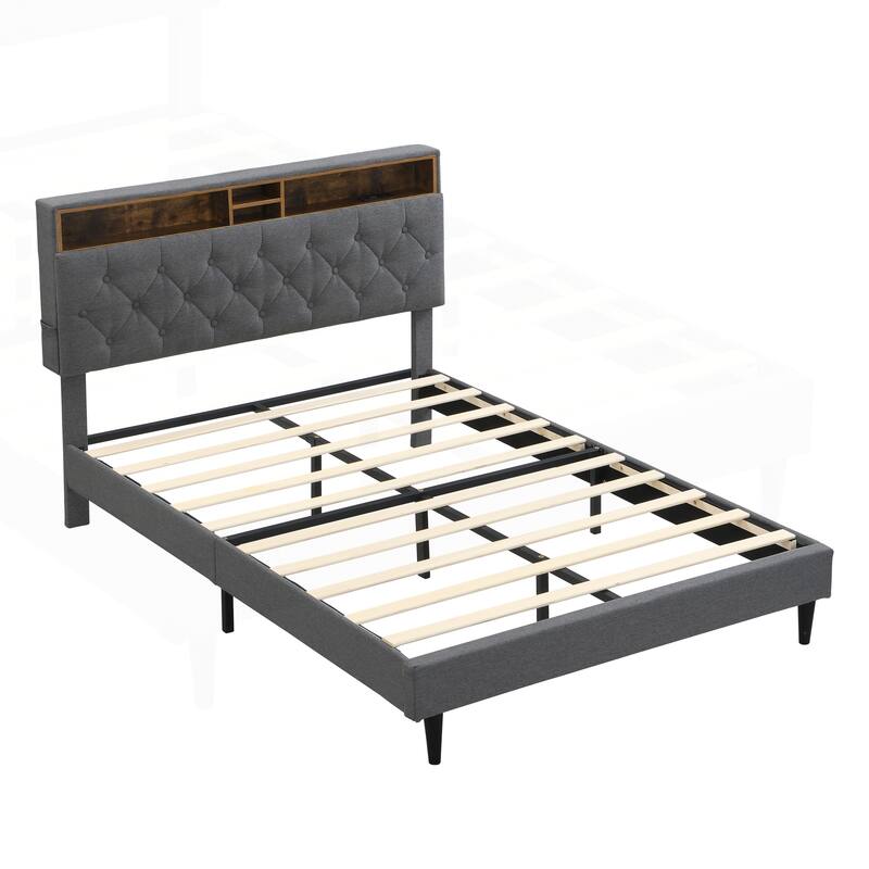 Modern Platform Bed Frame with Tufted Headboard and Multiple Functionalities