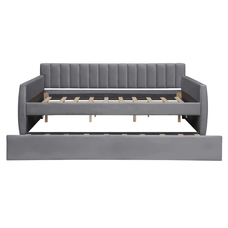 Full Size Upholstered daybed with Trundle and Wood Slat Support, Gray
