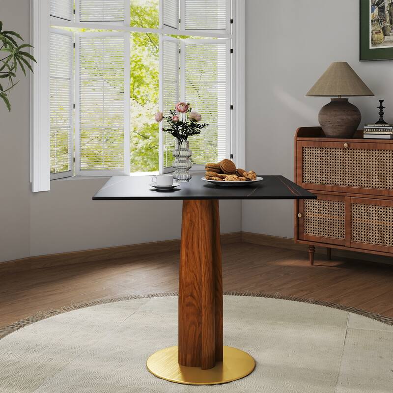 Modern Square Dining Table, 33.5" Sintered Stone Table with Wooden Leg & Gold Base, 2 - Person Kitchen Table for Small Space