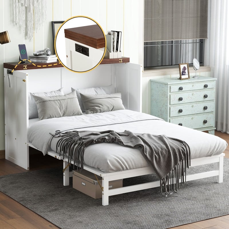 Murphy Bed Cabinet with Storage Drawer and Charging Station, USB Port