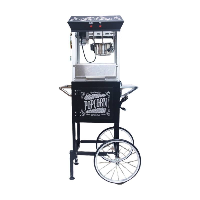 8oz Popcorn Machine with Cart, Stainless Kettle and Warming Deck - Black